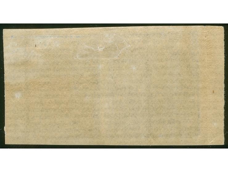 1876, On paper lithographed “VR”: pair 1 d. blue on laid paper from the Printer's Waste / Trial sheets, imperforated, variety