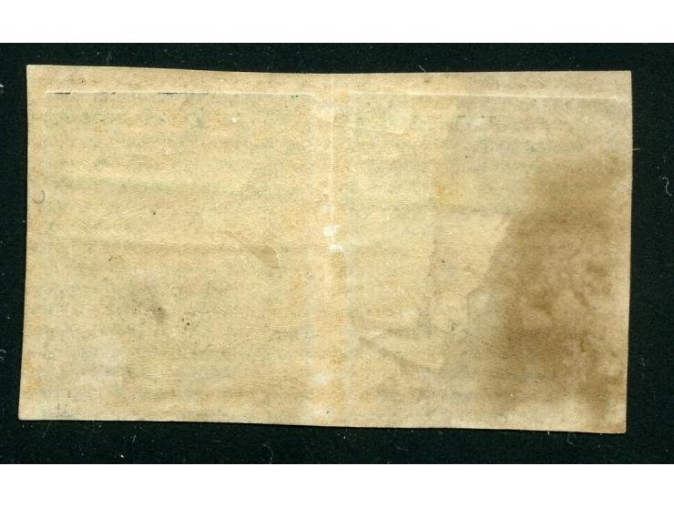1876, On paper lithographed “VR”: pair 3 d. yellow-green on laid paper from the Printer's Waste / Trial sheets, imperforated,