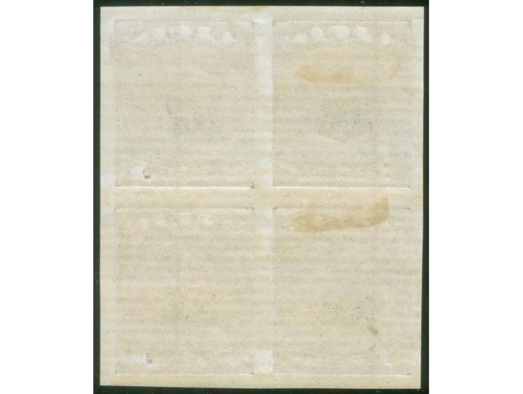 1876, Four Pence on 3 d. mauve on laid paper from the Printer's Waste / Trial sheets, imperforated block of four, deep impres