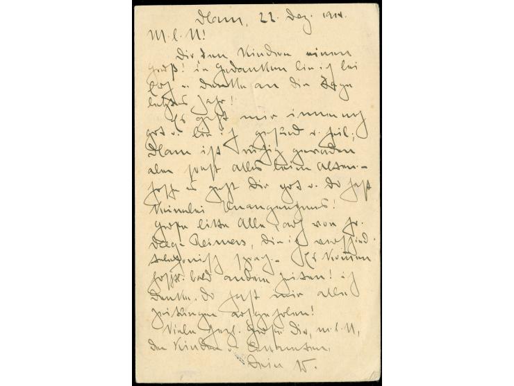 3. Postabgang: 1914, 23.12., Ganzsachenkarte 7½ H. von "DARESSALAM c 23.12." (Datierung 22.12.) mit violettem Zensur-Stempel 