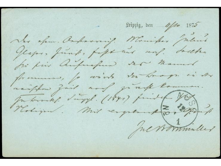 “LEIPZIG 8 ** 11.10.75” klar auf großer Schild ½ Gr. orange auf Vordruck-Postkarte “Bibliographischen Institut in Leipzig” na
