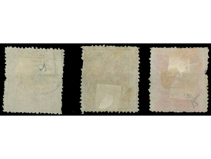 1878, three stamps 3 ca. red large dragon, all used showing different printings and shades, all clear cancelled, few short pe