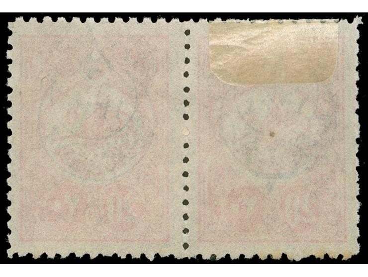 1916, Tax for War Orphans overprinted 20 para rose, horizontal pair, variety ‘right stamp missing blue “B” (beyiye) overprint