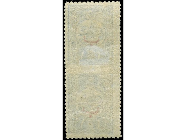 1910, 1 pia. blue vertical pair with blue “B” (beyiye) overprint, variety ‘imperf between’, unused, fine and scarce. Certific