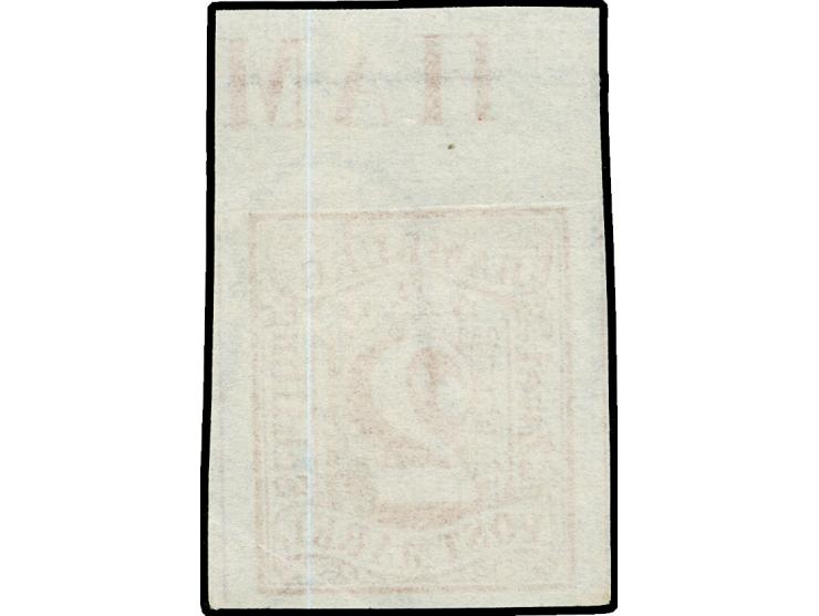 1859, Wappen 2 S. dunkelzinnober, Oberrandstück von Feld 2 mit Buchstaben der Inschrift, breitrandig geschnitten, ungebraucht