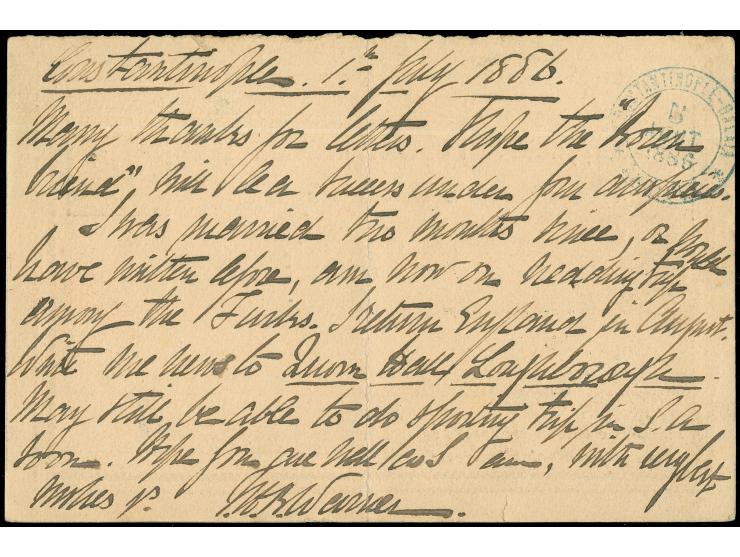 1886, 20 para black on rose postal stationery card answering part used uprated with 1 pia. blue, cancelled with clear "CONSTA