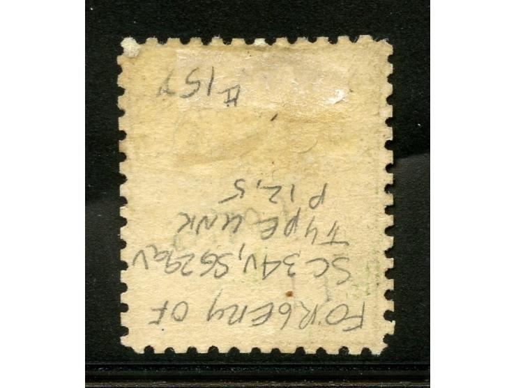 1876/77, Forgery 3 d. yellowish-green, wove paper, with forged monogram "VR" overprint and forged cancellation, perforation 1