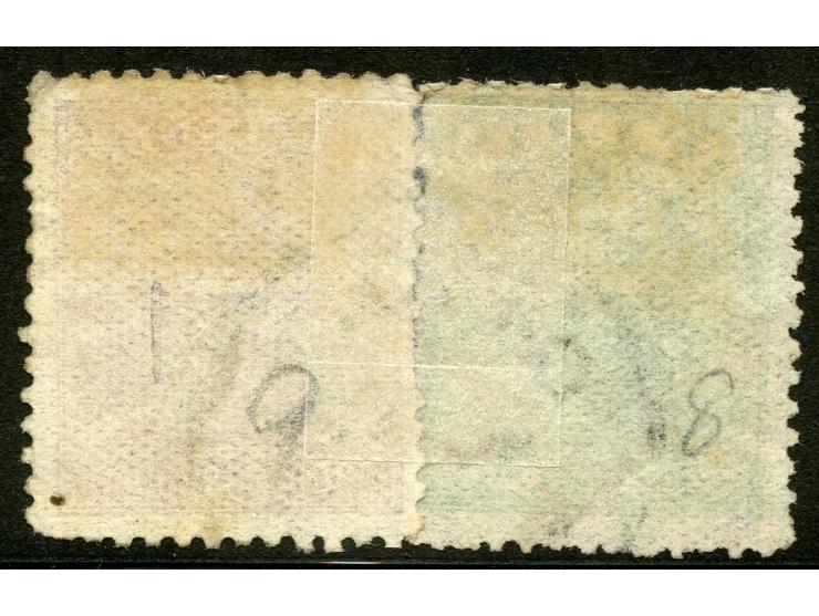 1871, 3 d. yellow-green and 6 d. deep rose, used together with part G.P.O. cancellation, watermark “I. Fine. (SG £700).
