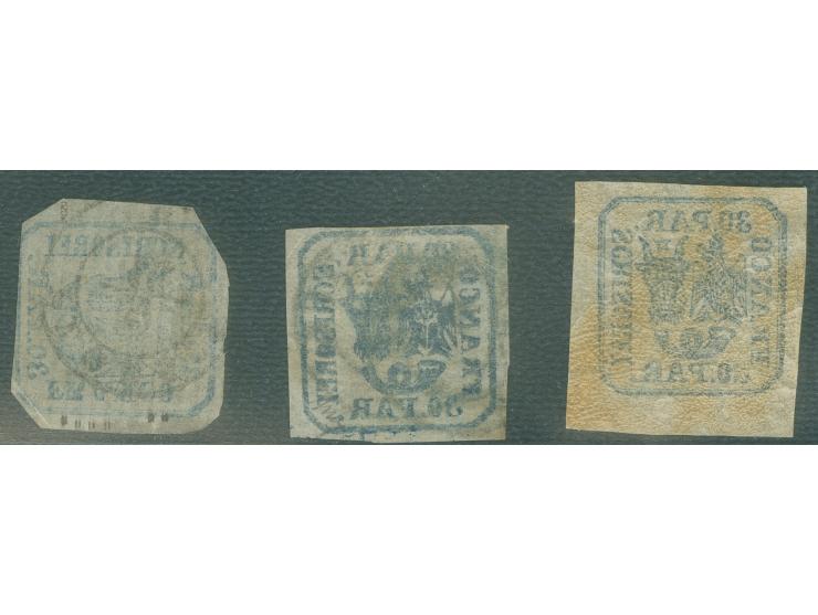 1862/64, selection of three unused and used 30 parale, including 30 parale (hand printing) on laid paper (ex Mi.-Nr. 10I/II)