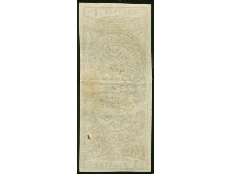 1881, Crescent issue 1 pia. black on pale blue, imperforate tete-beche pair, one stamp showing inverted background print, unu