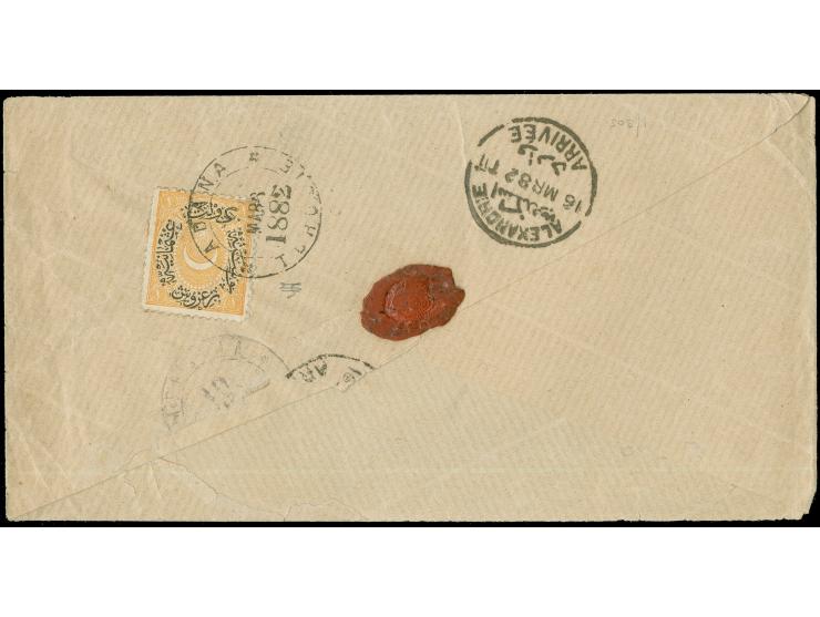 1882, Duloz issue 2 pia. yellow single tied by bilingual "ADANA TURQUIE 9/MARS 1882" cds. to reverse of envelope to Egypt wit