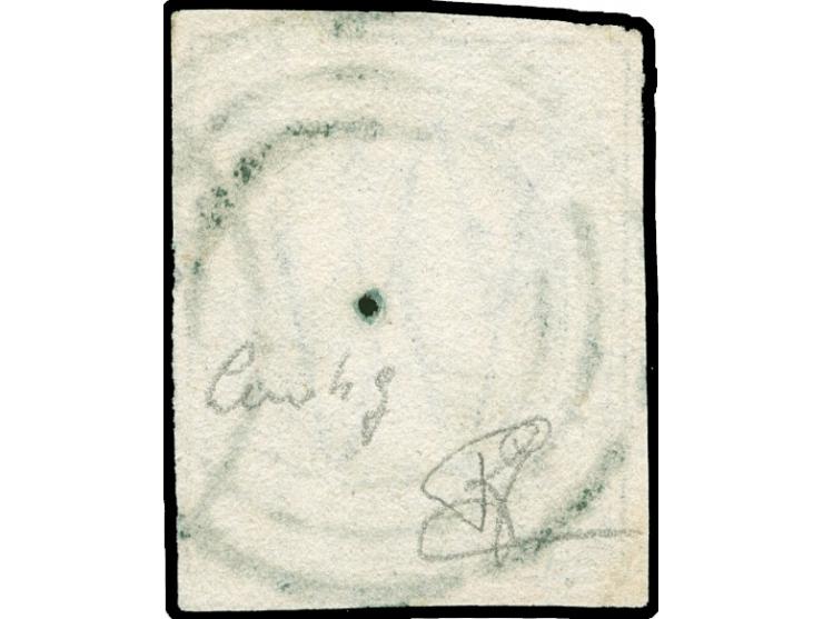 Luxemburg, target cancel in green (pointe perforante) on 1852, 10 c. deep black, clear to large margins, small faults. Opinio