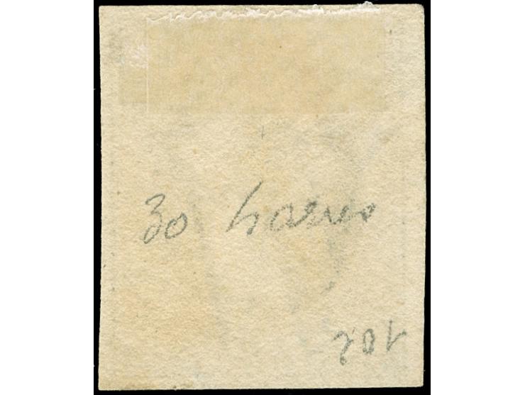 Luxemburg, handstamp with 26 bars, applied crosswise on 1852, 10 c. deep black, light greenish, good even margins, very fine.