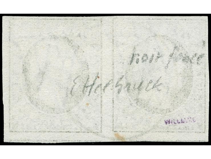 1852, 10 c. black, horizontal pair, ample to large margins, parts of neighbour stamps at base, neatly cancelled by central ta