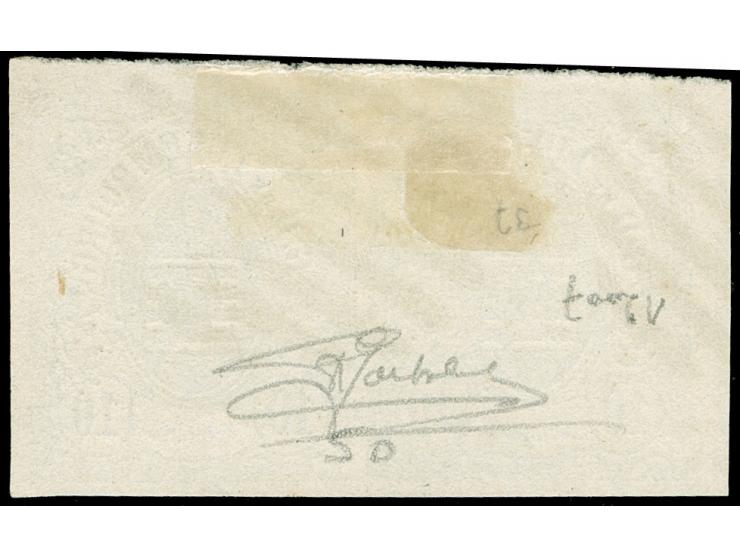 1859, 10 c. blue, horizontal pair with large even margins, parts of 3 neighbour stamps, neatly cancelled by circle of bars. S