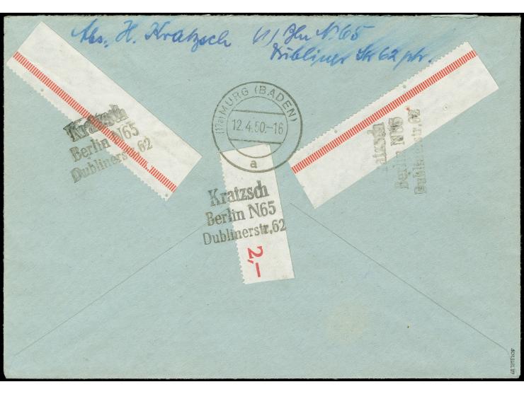 1949, Währungsgeschädigte 10-30 Pfg. kpl. und Bauten 6 Pfg. jeweils mit Stempel “BERLIN N49 11.4.50.” auf um einen Pfennig üb