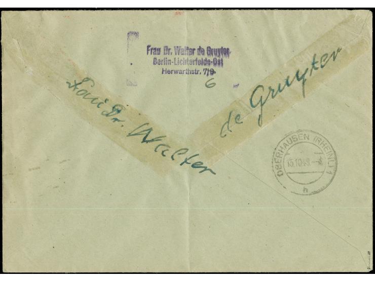 1949, Goethe 30 Pfg. und Rotaufdruck 15 Pfg. je mit Stempel “BERLIN-LICHTERFELDE 2 13.10.49” als portogerechte Zufrankatur au
