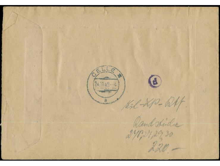 1949, Rotaufdruck 10 Pfg. aus der rechten oberen Bogenecke mit nicht durchgezähnten Plattendruck-Oberrand sowie 25, 40 und 50