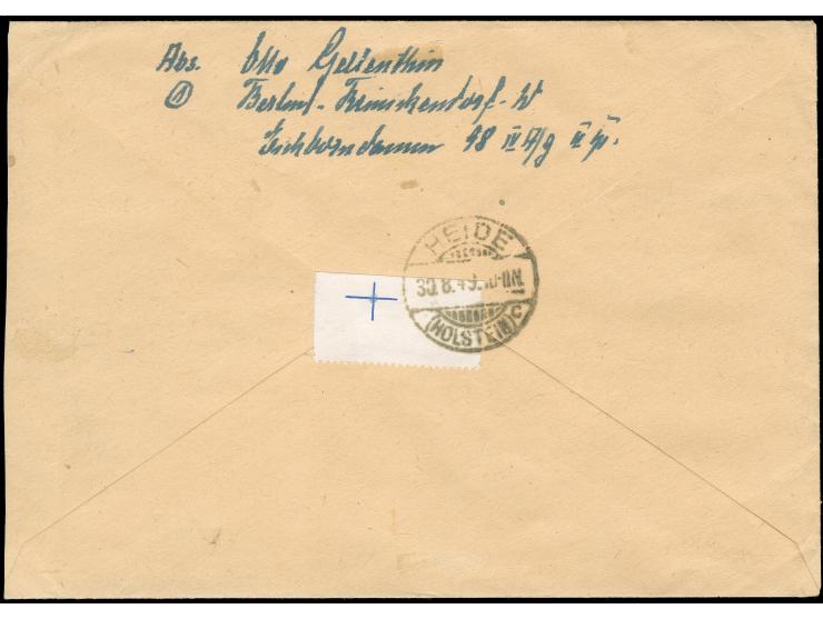 1949, Grünaufdruck 1 M., Goethe 20 Pfg. und Bauten 5 Pfg. jeweils mit Stempel “BERLIN-REINICKENDORF-WEST 3 29.8.49” als porto