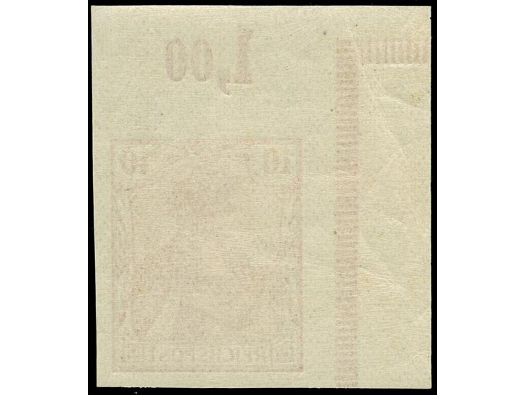 1900, Reichspost, 10 Pfg. dunkelkarminrot, ungezähntes Eckrandstück oben links, postfrisch, tadellos