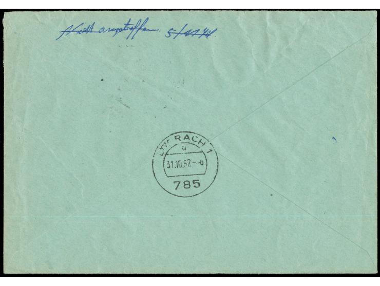1962, Absenderfreistempel “115 Pfg. BERLIN-CHARLOTTENBURG 2 30.10.62 - Berliner Bank" auf Luftpost-R-Postauftrag nach Lörrach