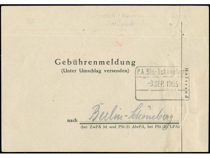 1953, Bauten II 20 Pfg. und Motorschiff Berlin 10 Pfg. mit Stempel “BERLIN-SCHÖNEBERG 1 6.9.55” auf Gebührenmeldung für einen