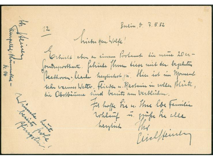 1952, Sonderkarte Maifeier 20 Pfg. mit portogerechter Zufrankatur van Beethoven 30 Pfg. als Luftpostkarte mit viel Text in di