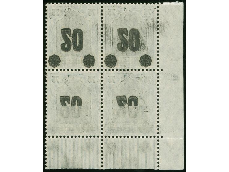 1920, Saargebiet auf Germania 20 auf 75 Pfg. schwärzlichblaugrün, kopfstehender Aufdruck, linker unterer Eckrand- Viererblock