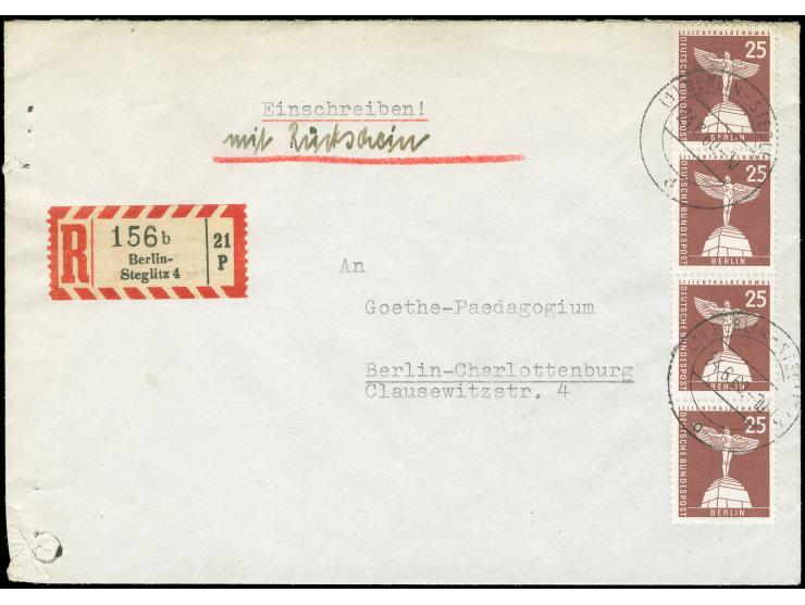 1956, Stadtbilder 25 Pfg., Rollenmarke mit Nummer im senkrechten Viererstreifen mit Stempel “BERLIN-STEGLITZ 4 24.6.60” als p