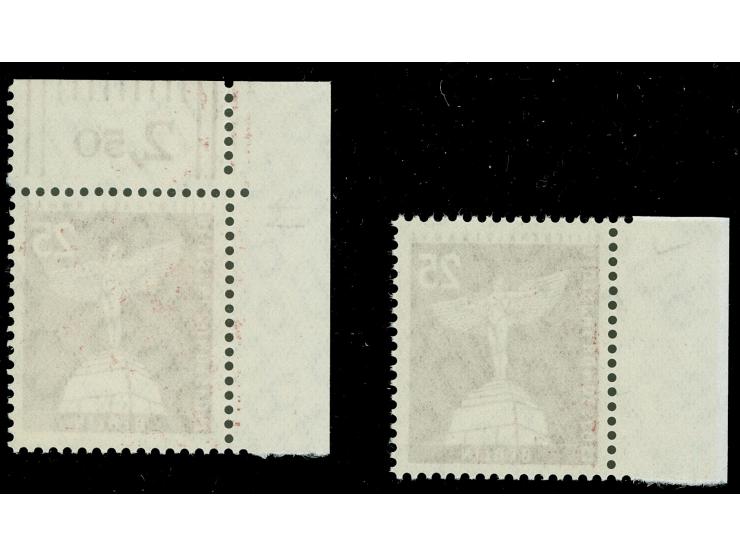 1956, Stadtbilder 25 Pfg., Randstück mit Druckerzeichen “7” und zweite Marke aus der linken oberen Bogenecke mit Druckerzeich