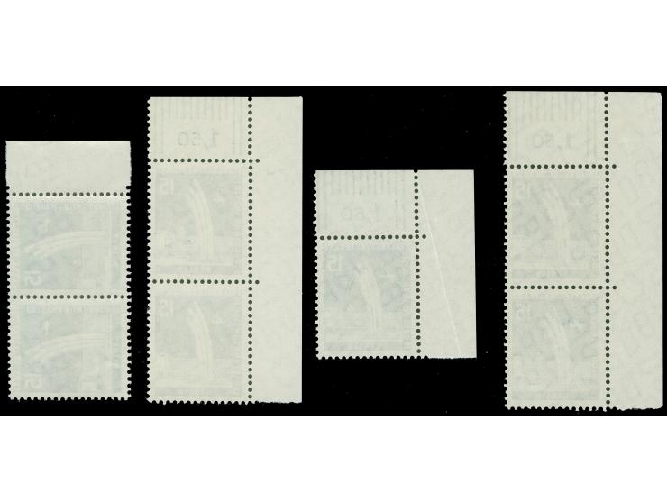 1956, Stadtbilder 15 Pfg., vier Randstücke bzw. Bogenecken mit Druckerzeichen “2”, “3”, “7” und “11”, postfrisch, einmal im R
