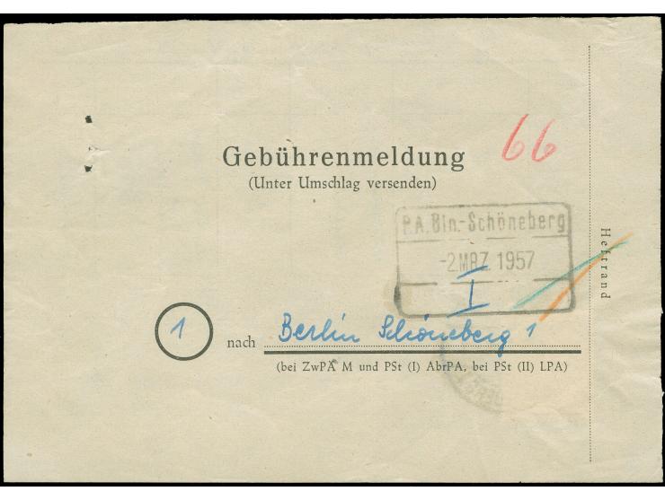 1956, Stadtbilder 15 Pfg. mit Stempel “BERLIN-SCHÖNEBERG 1 3.3.57” auf Gebührenmeldung aus Amberg für eine unterfrankierte Po