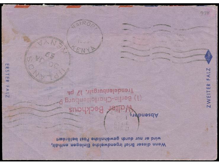 1956, Stadtbilder 15 Pfg. im Viererblock mit Stempel “BERLIN SW11 25.1.59" auf Vordruck-Luftpostleichtbrief mit viel Text nac