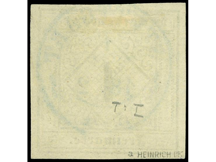 1851, 1 Kr. auf gelbweiß, allseits breitrandig mit blauem DKr. “STUTTGART”, in einwandfreier Erhaltung und bestens sign. Hein