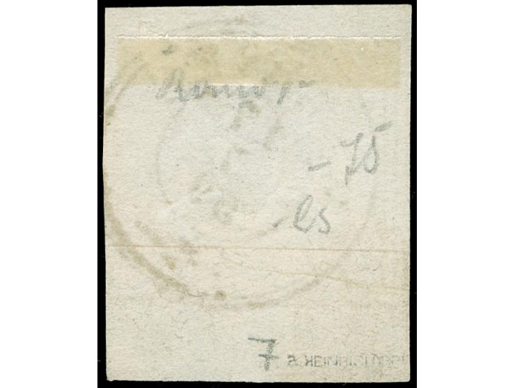 1857, 3 Kr. gelborange, Unterrandstück mit 5,5 mm Rand, an zwei Seiten etwas angeschnitten, ansonsten voll- bis überrandig, f