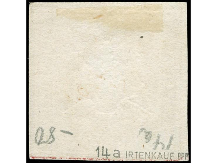 1859, 9 Kr. mittelrotkarmin, allseits vollrandig, aus der rechten unteren Bogenecke stammend mit verdickten Randlinien rechts