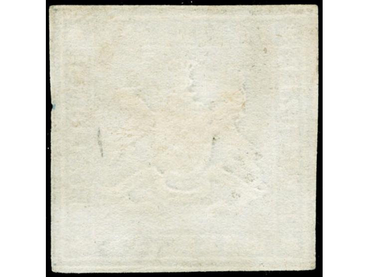 1859, 18 Kr. blau, allseits noch voll- bis breitrandig, vom rechten Rand stammend mit DKr. “ESSLINGEN”. Die farbfrische Marke