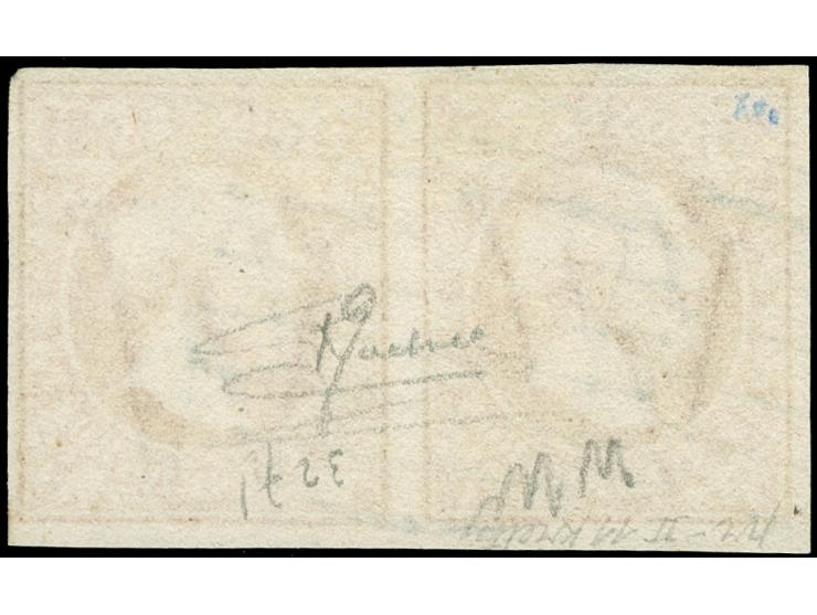 1852, 1 sgr., brownish red, horizontal pair with ample to large margins, neatly cancelled by circle of bars of Luxembourg, vf