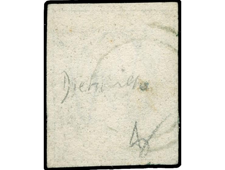 Diekirch, target cancel in green (pointe perforante) on 1852, 10 c. deep black, good margins, vf. Opinion Böttger BPP (2018)