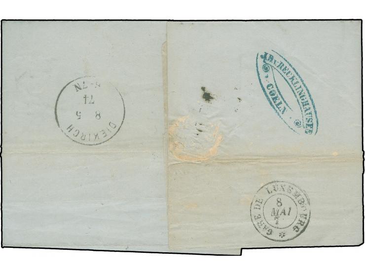 “COELN 7.5.74” (Spalink 4-1N3) klar auf großer Schild 1 Gr. auf kpl. Faltbrief mit rückseitigem DKr. “GARE DE LUXEMBOURG 9.MA