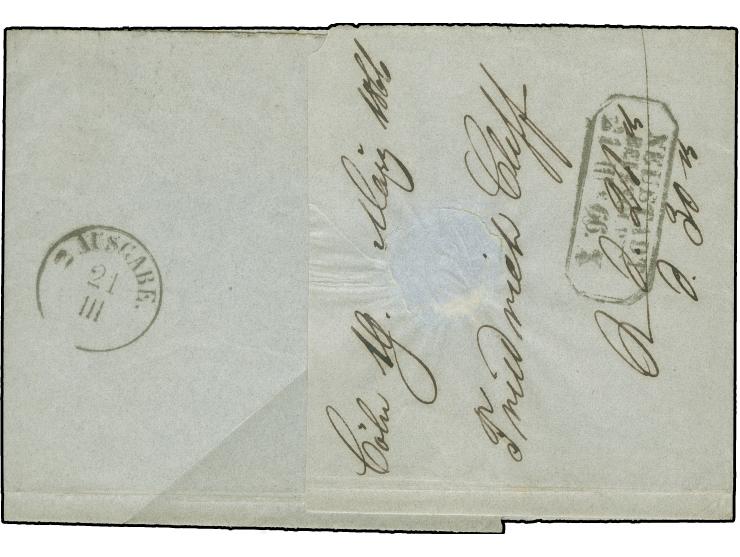 “COELN 19.3.66” (Spalink 4-12) mehrfach klar auf waagerechtem Dreierstreifen Preussen 1 Sgr. rosarot auf innen nicht ganz kpl