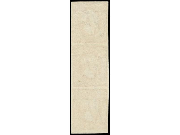 1852, 1 sgr. carmine rose, vertical strip of 3 with ample to large margins, lightly cancelled by circle of bars. Top stamp tw