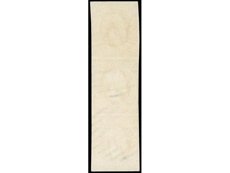 1852, 1 sgr. brown red, vertical strip of 3 with good to large margins, neattly cancelled by circle of bars. Top stamp faint 