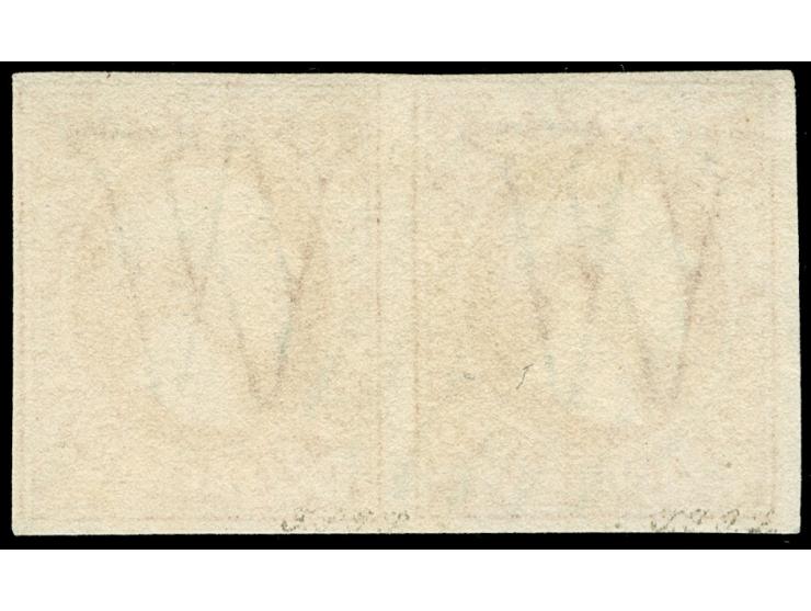 1852, 1 sgr. brown red, horizontal pair with ample to large margins, neattly cancelled by circle of bars, very fine. Opinion 