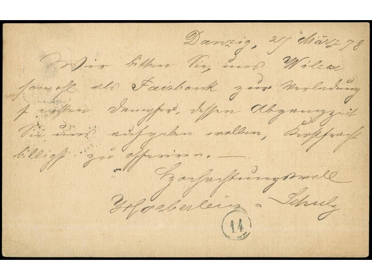 “DANZIG N.3 27.MARZ.78" (Spalink 7-3) zweimal klar auf Ganzsachenkarte 5 Pfge mit tarifgerechter Zufrankatur 5 Pfge violett n