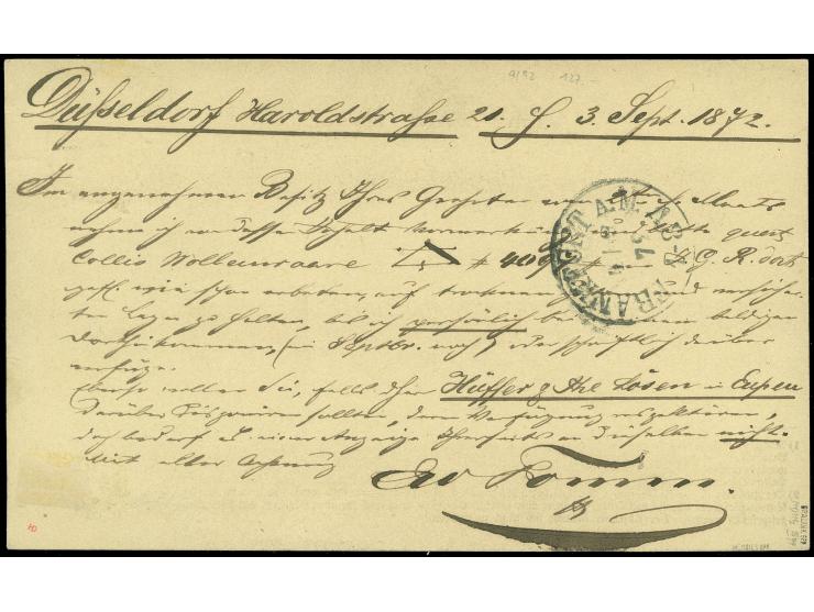 “DÜSSELDORF 3.SEPTBR.72” (Spalink 11-1N2) sehr klar auf kleiner Schild ½ Gr. ziegelrot auf amtlichem Postkarten-Formular nach