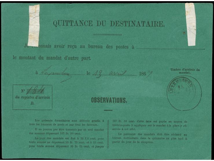 1865/75, 12½ c. rose, tied by c.d.s. "CLAIRVAUX 13 AVRIL 67" to green 'MANDAT DE POSTE' to Luxembourg. Name in address and se