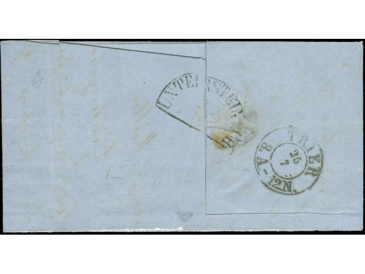 1859, 12½ c. rose, vertical strip of 3, clear to large margins, tied by c.d.s. "LUXEMBOURG 25 JUIL 61" to letter sheet to Bav