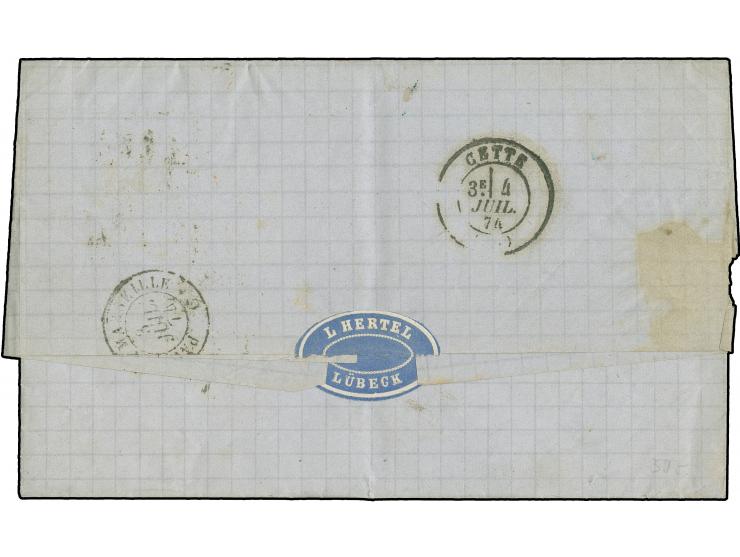 “LÜBECK 1.JULI.74” (Spalink 22-4), zwei sehr klare Abschläge auf waagerechtem Dreierstreifen großer Schild 1 Gr. karmin als t