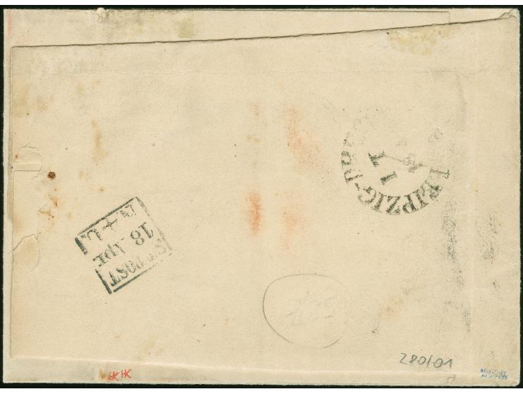 Friedrich August 1 Ngr. a. mattgraurot, am rechten Rand drei 'Sachsenringel', sauber entwertet durch Vollgitterstempel. Einwa